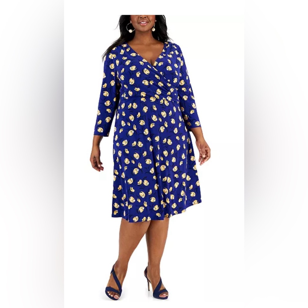 Kasper floral faux wrap fall blue floral dress